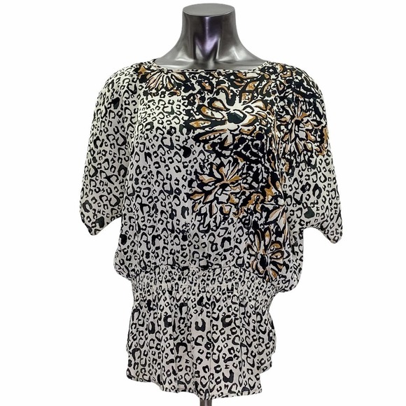 RAFAELLA Floral Animal Print Smocked Dolman Blouse - Picture 1 of 12